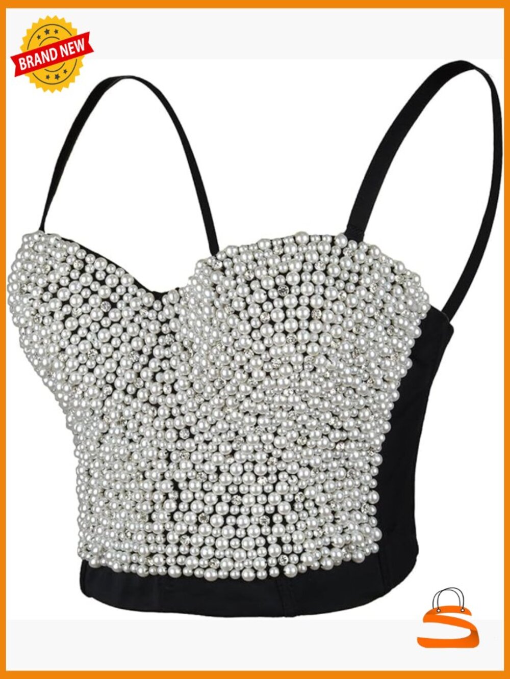 Sexy Pearls Beaded Rhinestone Bustier Crop Top Push Up Corset With Detachable